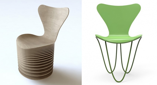 Svou vlastní interpretaci židle Series 7 představilo i studio BIG (vlevo) či Zaha Hadid (vpravo).