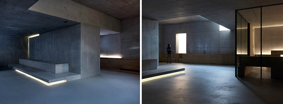  V interiéru vily je mnoho místností a koutů bez přímého slunečního světla, Gus Wüstemann preferuje nepřímé osvětlení. Důraz je zde kladen pouze na vysokou krásu betonové masy.