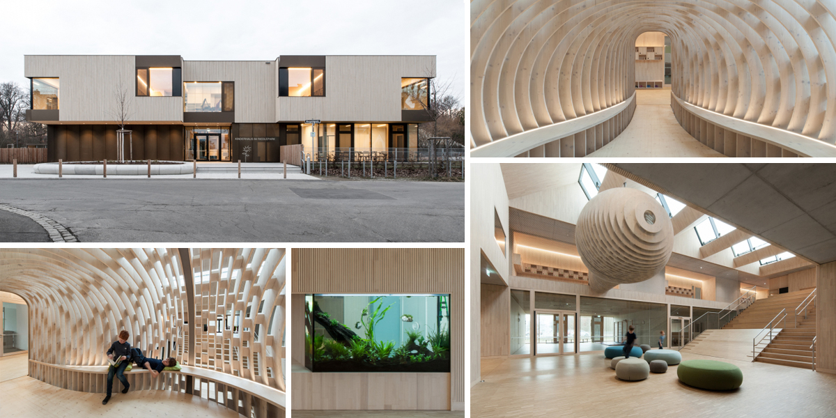 Mateřskou školu Riedlepark v Německu zdobí levitující dřevěný „kokon“